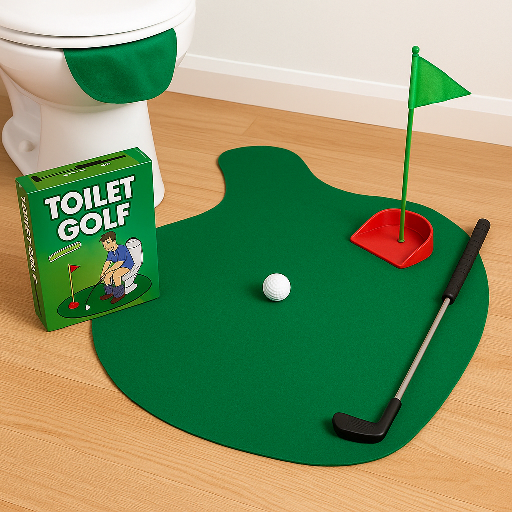 Mini putting green toilet golf set placed on a bathroom floor
