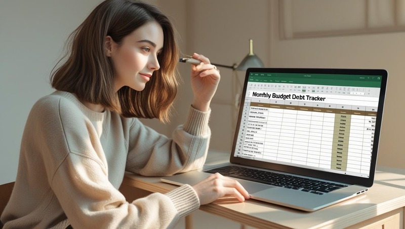 A woman calculating bills and updating a monthly debt tracker—taking the first step in how to overcome financial crisis and debt.