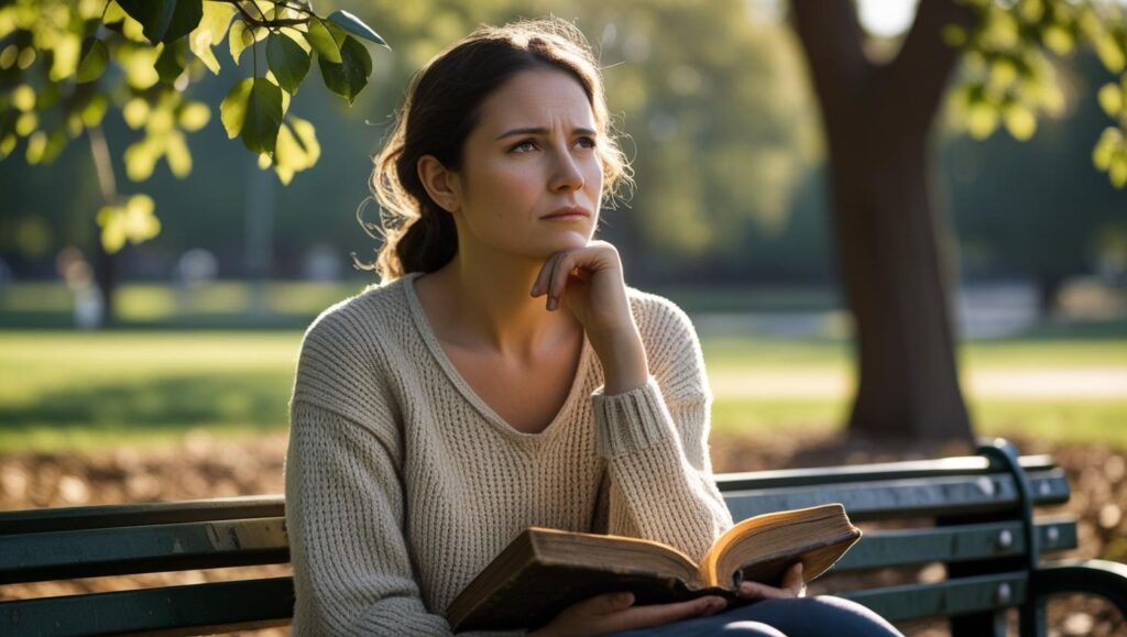 A woman sitting quietly with a notebook in hand, reflecting alone—capturing a personal moment of acceptance in how to overcome financial crisis and debt.